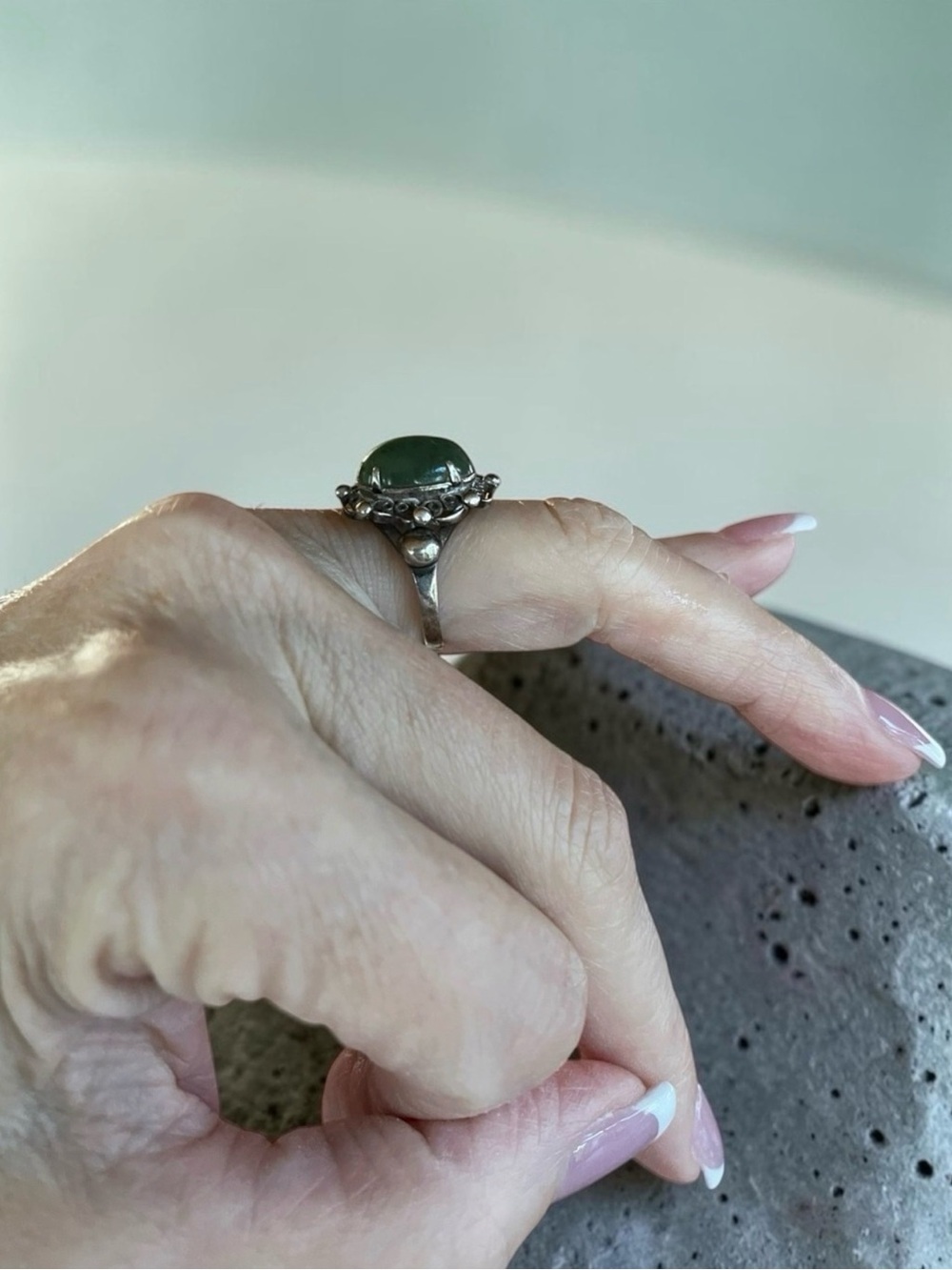 Sorrento Sterling Chrysoprase Domed Prong Set Cabochon Ring w Flagree Halo Sz 6